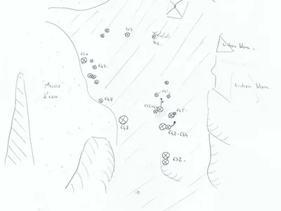 Croquis de terrain — miroir d'eau et lichens